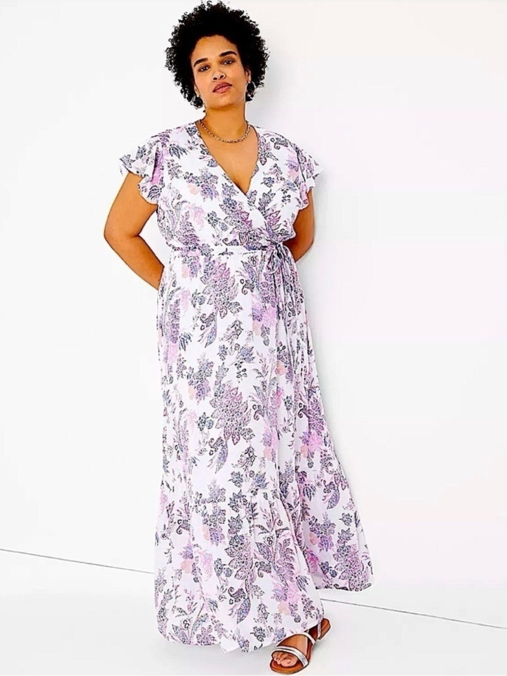 Plus Floral Wrap Maxi Dress in Lavender, Pink  and White